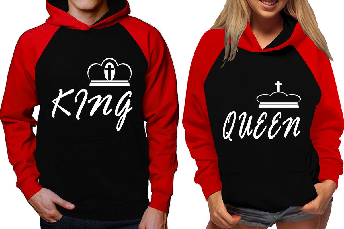 King and Queen raglan hoodies, Matching couple hoodies, Red Black his and hers man and woman contrast raglan hoodies