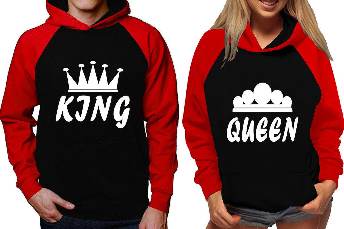 King and Queen raglan hoodies, Matching couple hoodies, Red Black his and hers man and woman contrast raglan hoodies