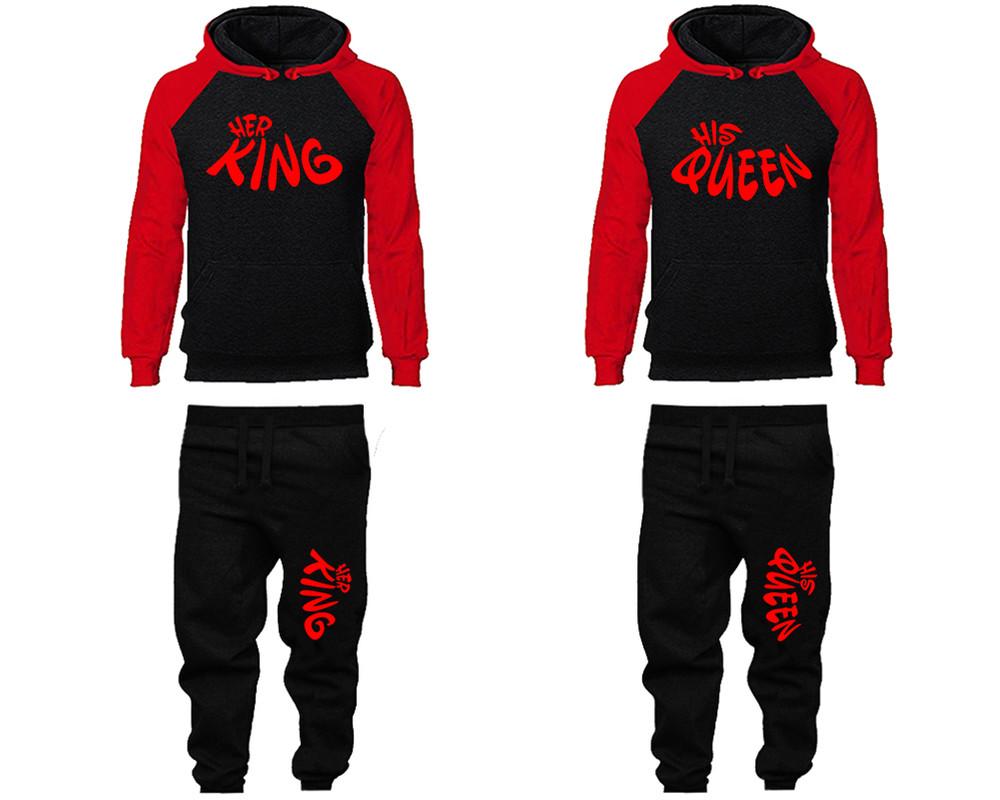 Her King and His Queen matching top and bottom set, Red Black raglan hoodie and sweatpants sets for mens, raglan hoodie and jogger set womens. Matching couple joggers.