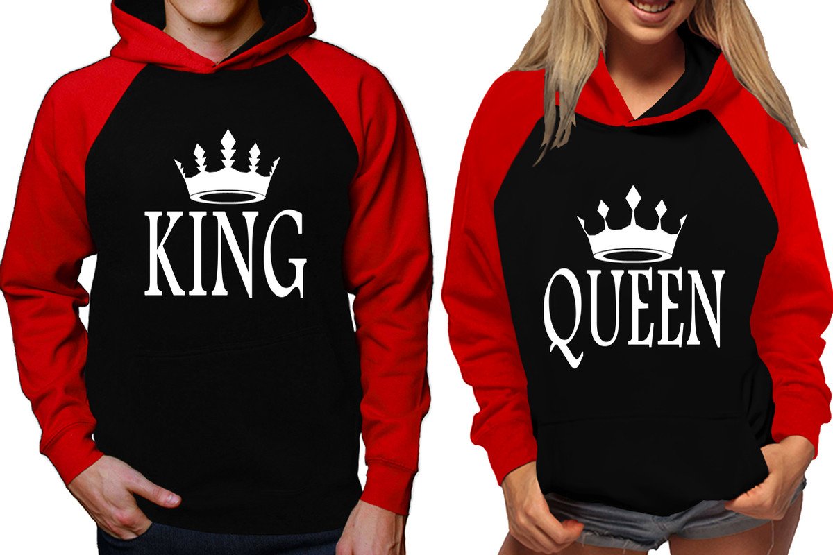 King and Queen raglan hoodies, Matching couple hoodies, Red Black his and hers man and woman contrast raglan hoodies