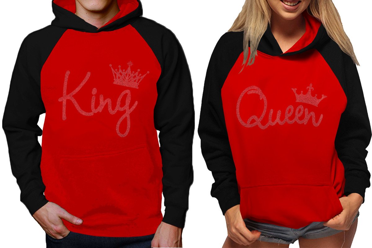 King and Queen raglan hoodies, Matching couple hoodies, Red Glitter King Queen design on man and woman hoodies