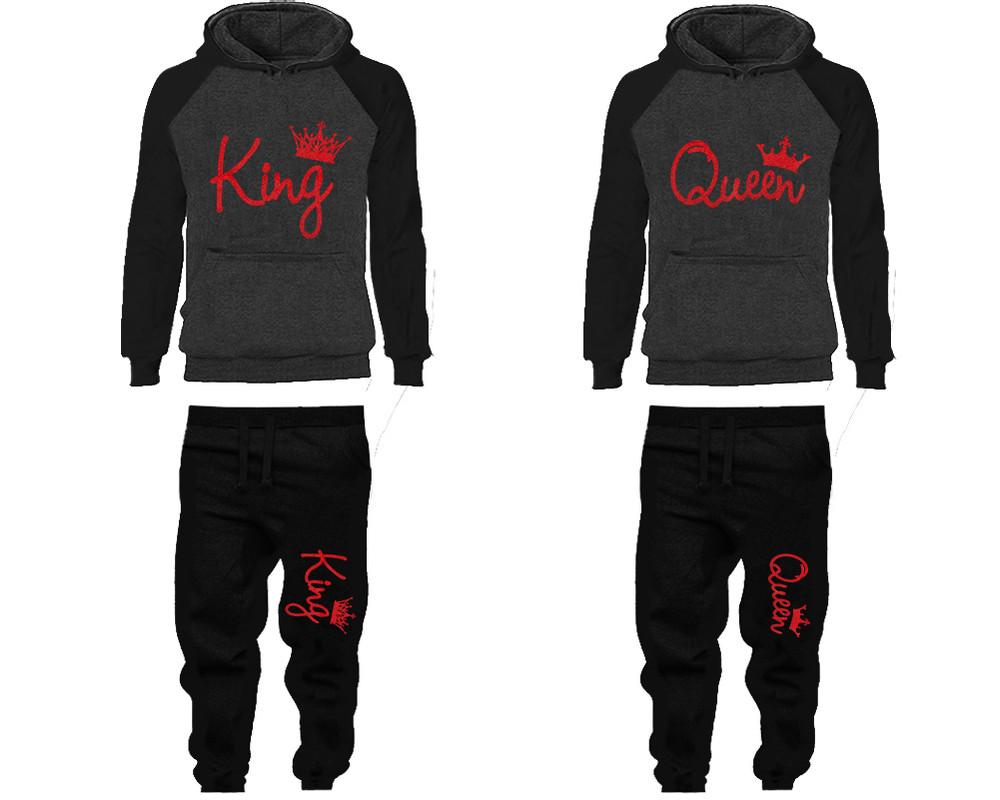 King and Queen matching top and bottom set, Red Glitter design hoodie and sweatpants sets for mens hoodie and jogger set womens. Matching couple joggers.