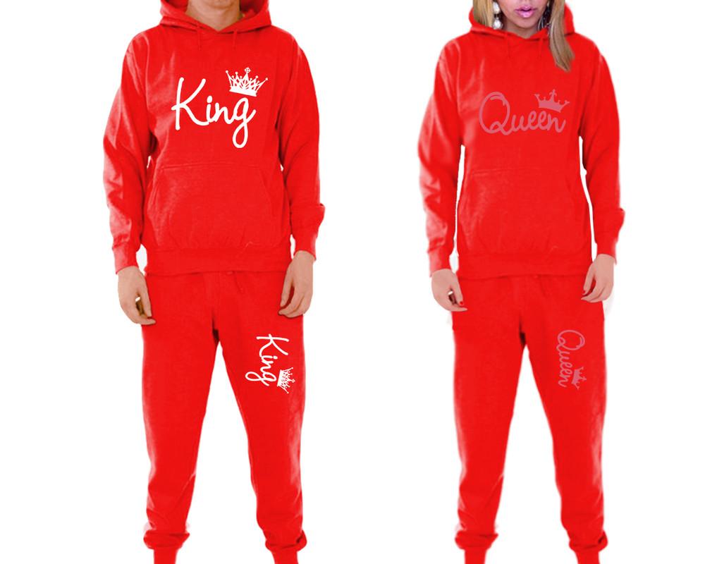 King and Queen matching top and bottom set, Red pullover hoodie and sweatpants sets for mens, pullover hoodie and jogger set womens. Matching couple joggers.