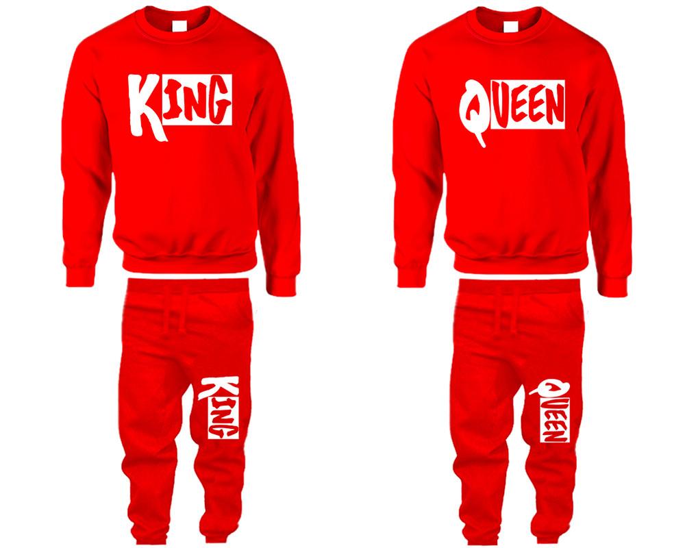 King and Queen top and bottom sets. Red sweatshirt and sweatpants set for men, sweater and jogger pants for women.