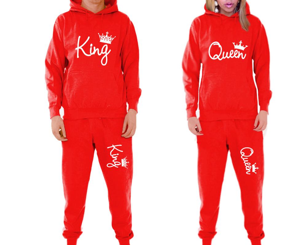 King and Queen matching top and bottom set, Red pullover hoodie and sweatpants sets for mens, pullover hoodie and jogger set womens. Matching couple joggers.
