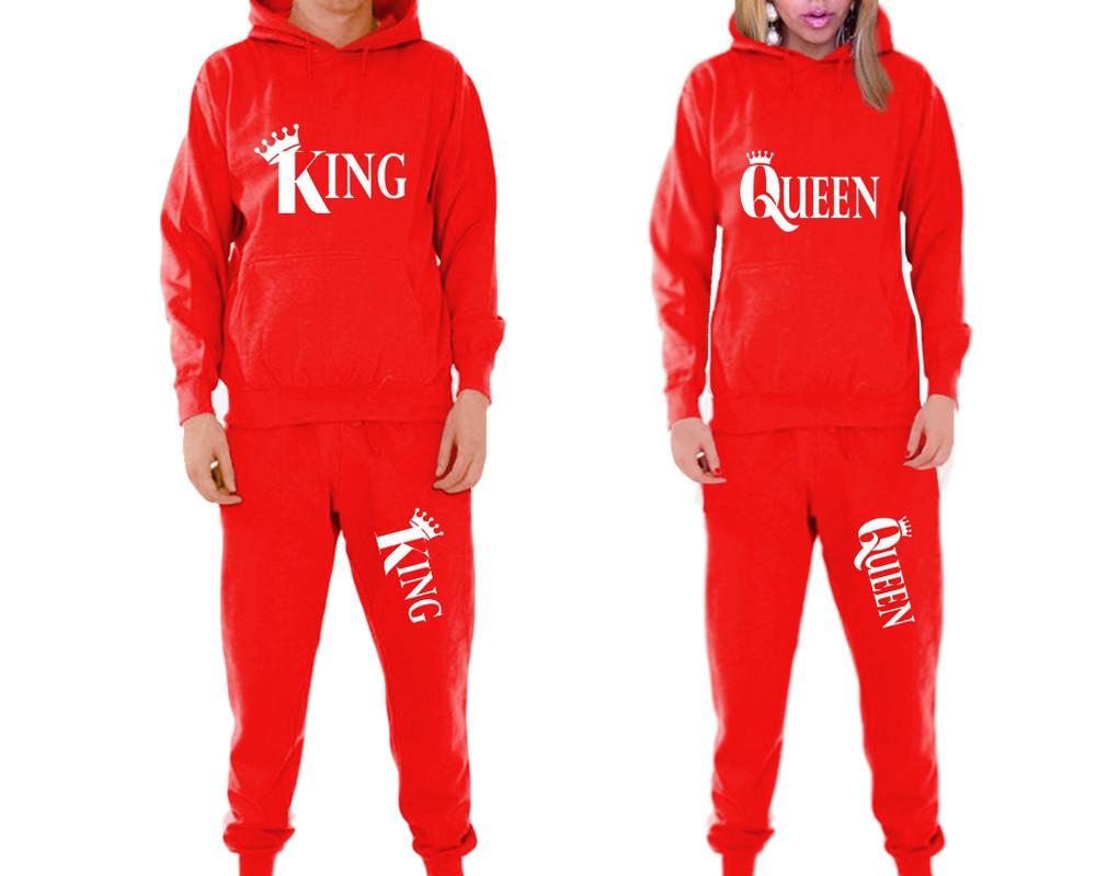 King and Queen matching top and bottom set, Red pullover hoodie and sweatpants sets for mens, pullover hoodie and jogger set womens. Matching couple joggers.