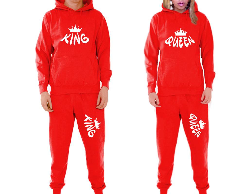 King and Queen matching top and bottom set, Red pullover hoodie and sweatpants sets for mens, pullover hoodie and jogger set womens. Matching couple joggers.