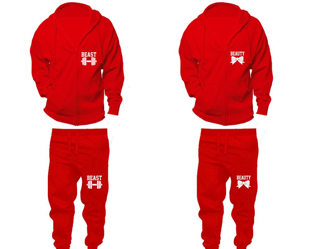 Beast and Beauty zipper hoodies, Matching couple hoodies, Red zip up hoodie for man, Red zip up hoodie womens, Red jogger pants for man and woman.