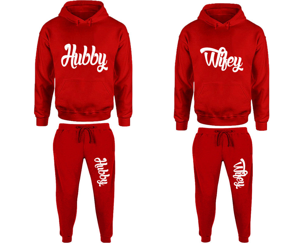 Hubby and Wifey matching top and bottom set, Red pullover hoodie and sweatpants sets for mens, pullover hoodie and jogger set womens. Matching couple joggers.