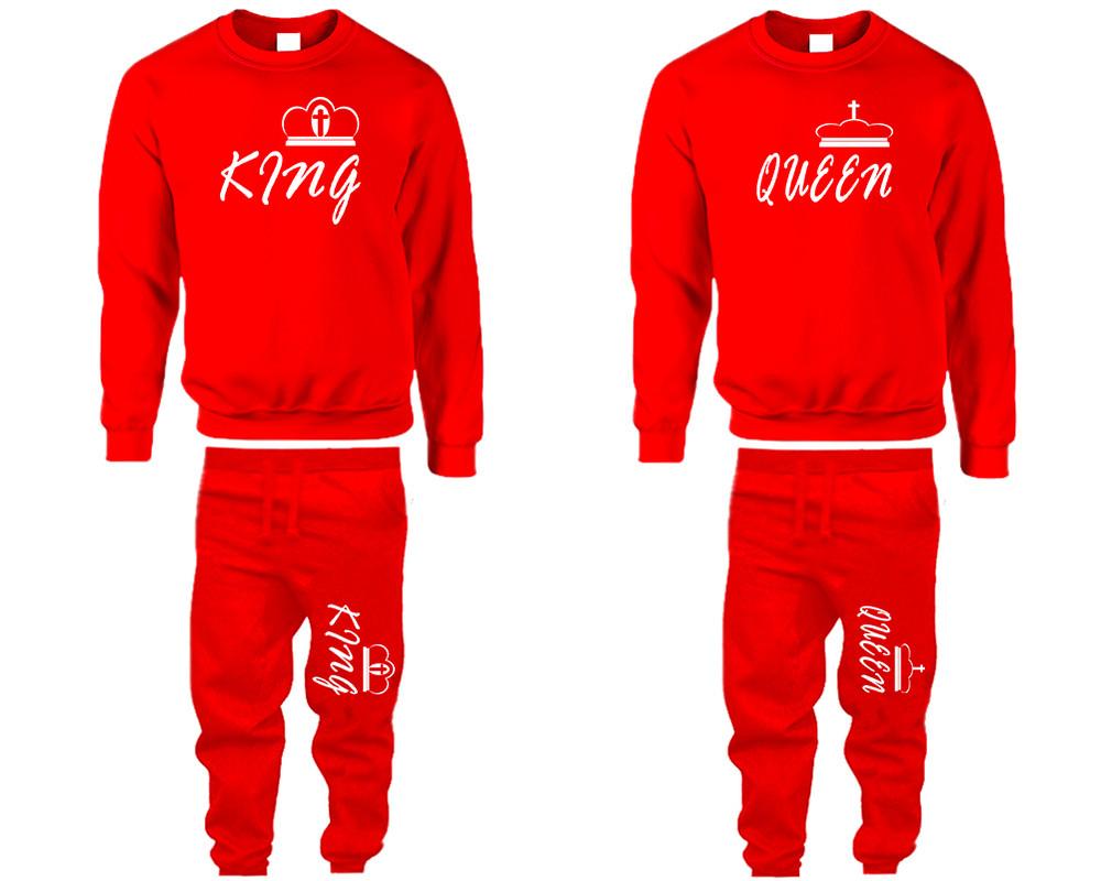 King and Queen top and bottom sets. Red sweatshirt and sweatpants set for men, sweater and jogger pants for women.