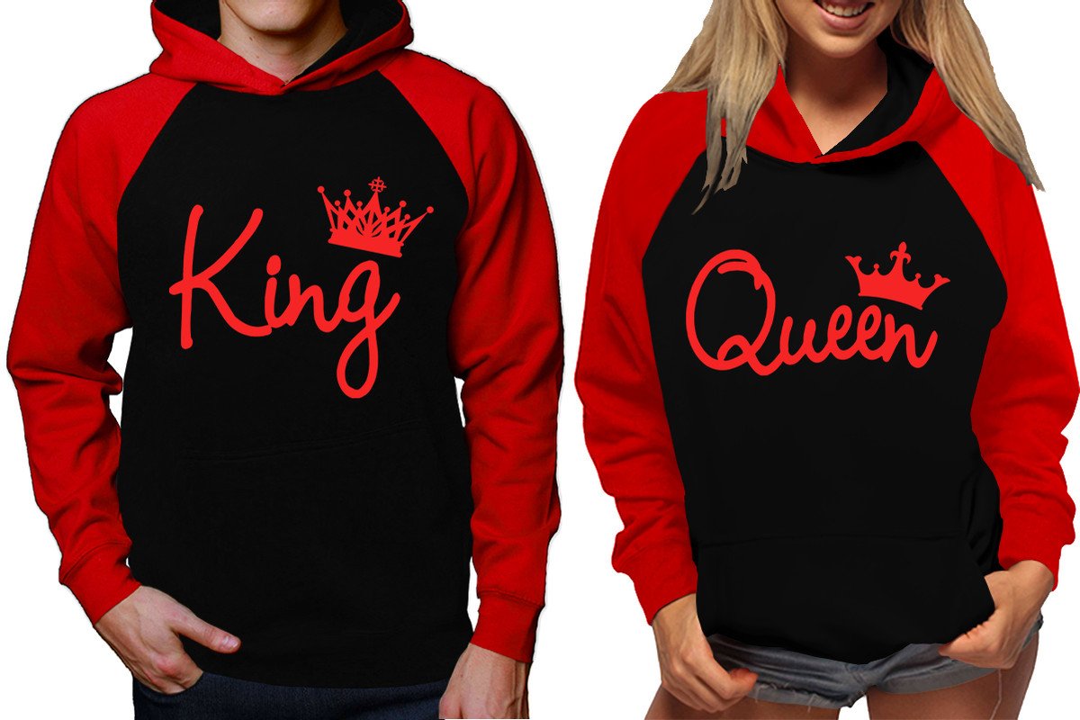 King and Queen raglan hoodies, Matching couple hoodies, Red King Queen design on man and woman hoodies
