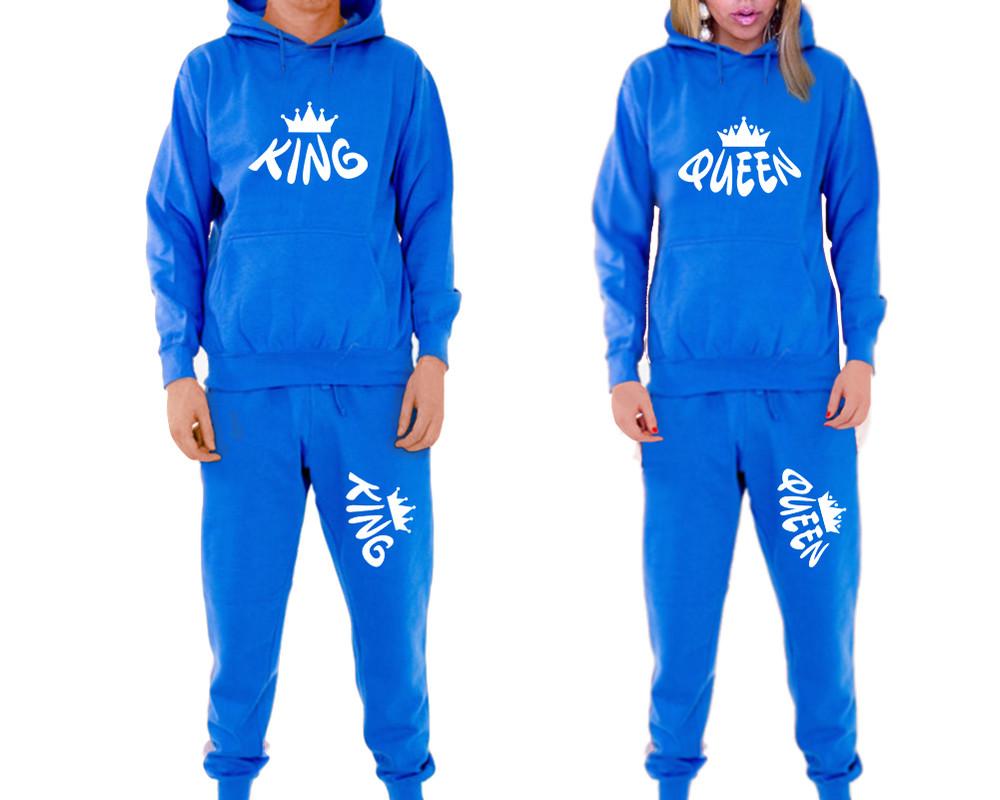 King and Queen matching top and bottom set, Royal Blue pullover hoodie and sweatpants sets for mens, pullover hoodie and jogger set womens. Matching couple joggers.