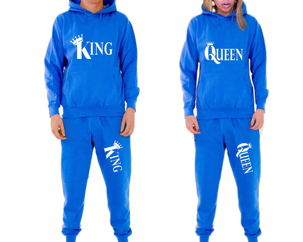 King and Queen matching top and bottom set, Royal Blue pullover hoodie and sweatpants sets for mens, pullover hoodie and jogger set womens. Matching couple joggers.