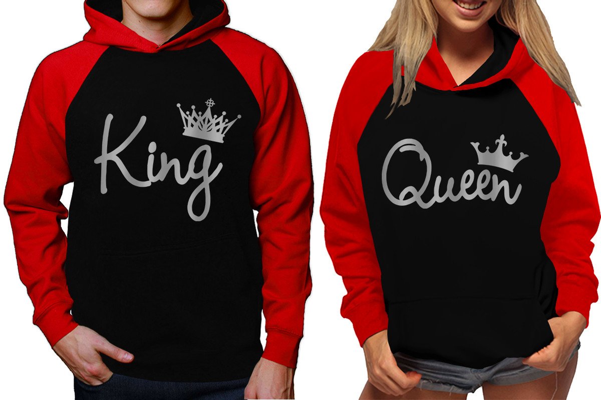 King and Queen raglan hoodies, Matching couple hoodies, Silver Foil King Queen design on man and woman hoodies