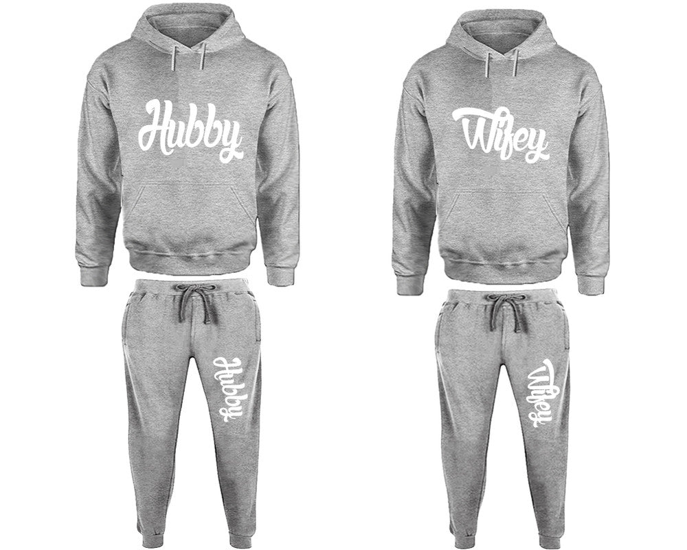 Hubby and Wifey matching top and bottom set, Sports Grey pullover hoodie and sweatpants sets for mens, pullover hoodie and jogger set womens. Matching couple joggers.