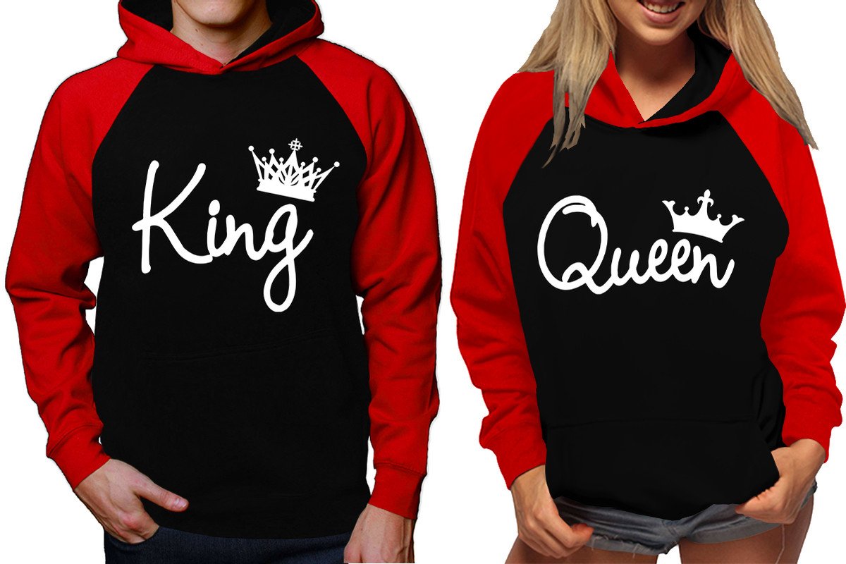 King and Queen raglan hoodies, Matching couple hoodies, White King Queen design on man and woman hoodies