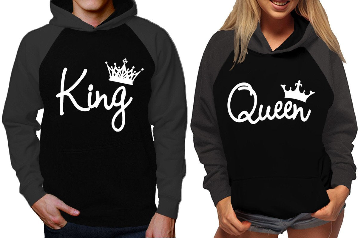 King and Queen raglan hoodies, Matching couple hoodies, White King Queen design on man and woman hoodies