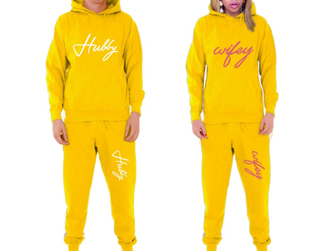 Hubby and Wifey matching top and bottom set, Yellow pullover hoodie and sweatpants sets for mens, pullover hoodie and jogger set womens. Matching couple joggers.