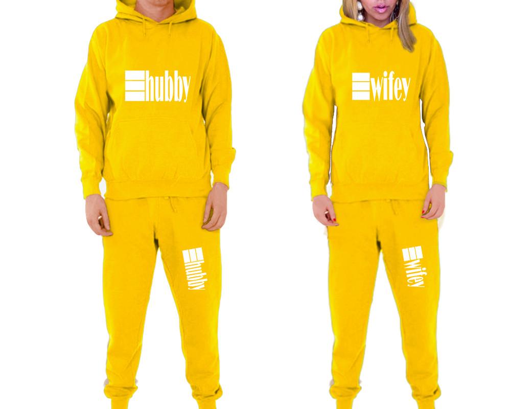 Hubby and Wifey matching top and bottom set, Yellow pullover hoodie and sweatpants sets for mens, pullover hoodie and jogger set womens. Matching couple joggers.