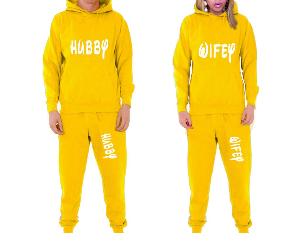Hubby and Wifey matching top and bottom set, Yellow pullover hoodie and sweatpants sets for mens, pullover hoodie and jogger set womens. Matching couple joggers.