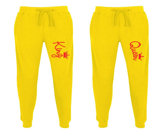 King and Queen matching jogger pants, Yellow sweatpants for mens, jogger set womens. Matching couple joggers.
