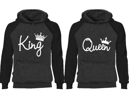King Queen couple hoodies, raglan hoodie. Black Charcoal hoodie mens, Black Charcoal red hoodie womens.