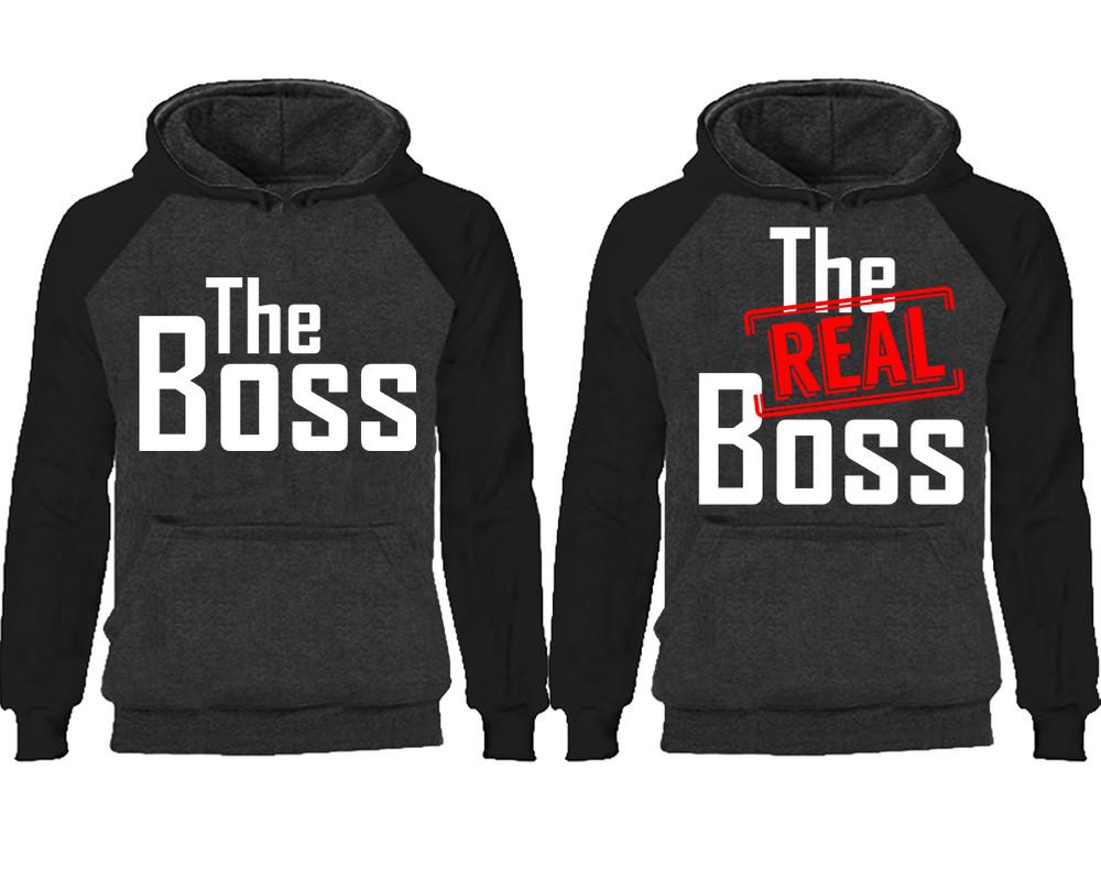 The Boss The Real Boss couple hoodies, raglan hoodie. Black Charcoal hoodie mens, Black Charcoal red hoodie womens.