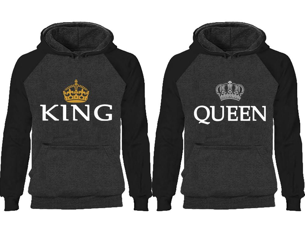 King Queen couple hoodies, raglan hoodie. Black Charcoal hoodie mens, Black Charcoal red hoodie womens.