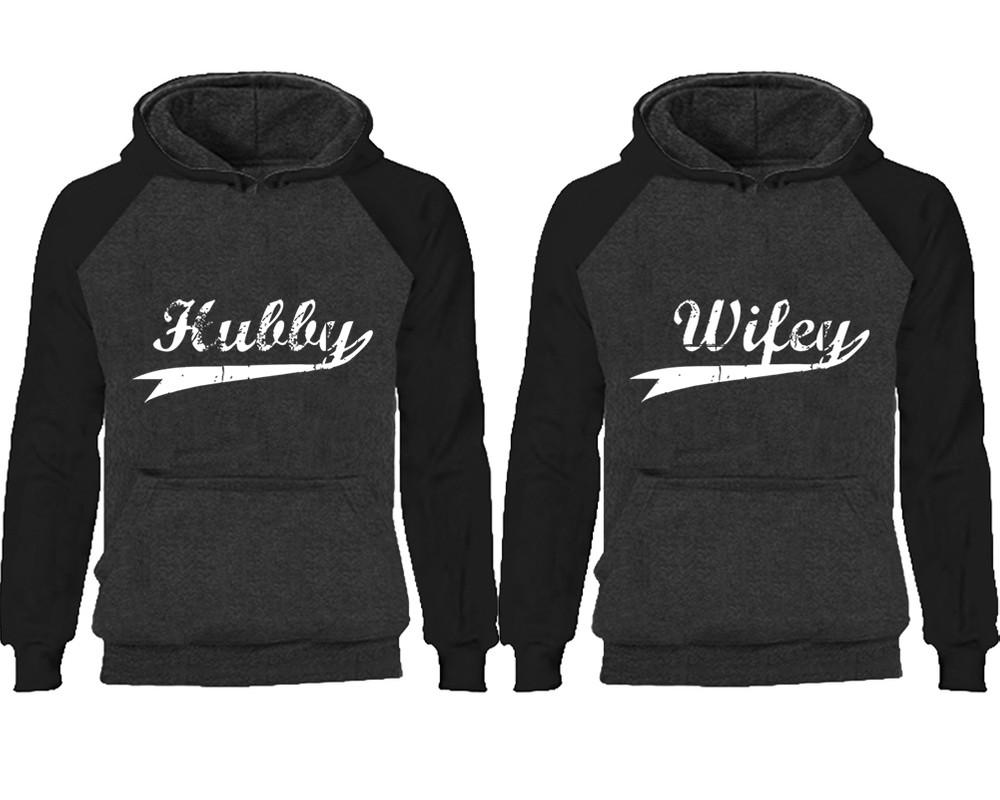 Hubby Wifey couple hoodies, raglan hoodie. Black Charcoal hoodie mens, Black Charcoal red hoodie womens.