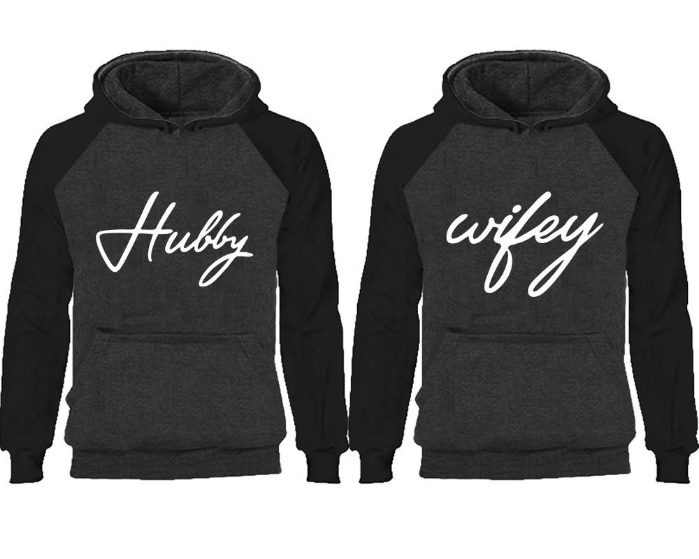 Hubby Wifey couple hoodies, raglan hoodie. Black Charcoal hoodie mens, Black Charcoal red hoodie womens.