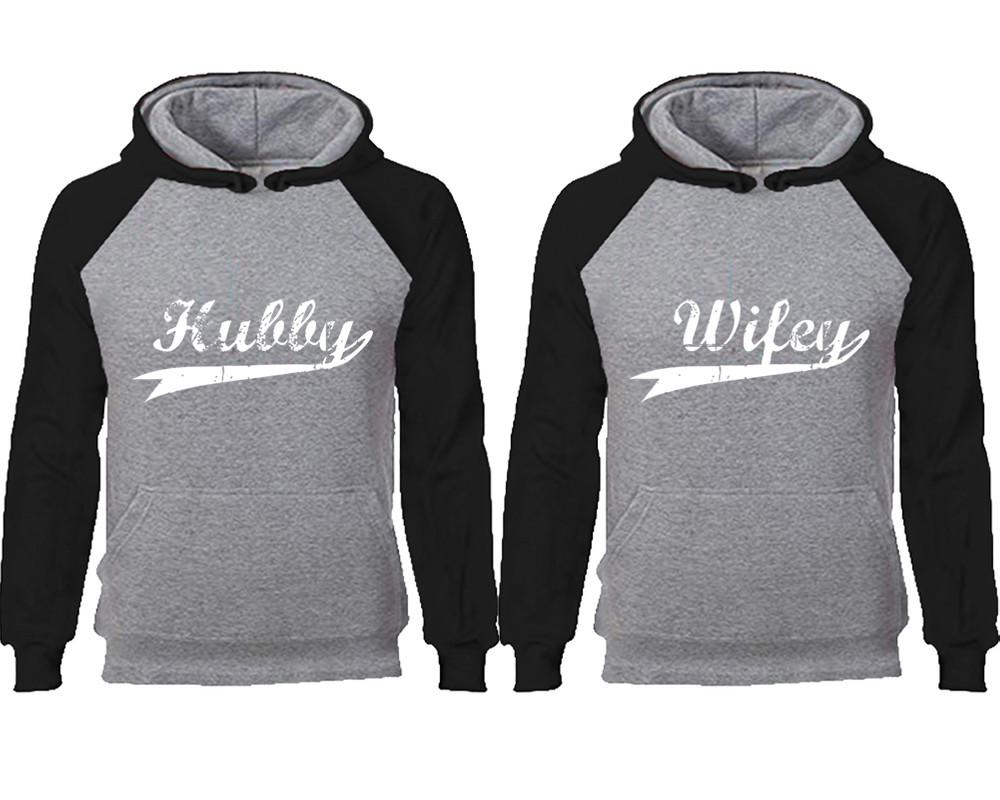 Hubby Wifey couple hoodies, raglan hoodie. Black Grey hoodie mens, Black Grey red hoodie womens.