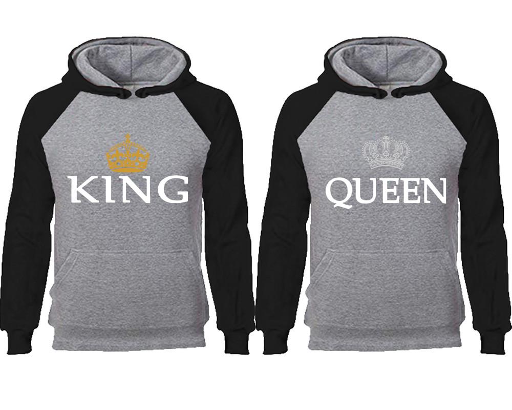 King Queen couple hoodies, raglan hoodie. Black Grey hoodie mens, Black Grey red hoodie womens.