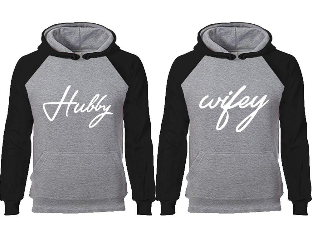 Hubby Wifey couple hoodies, raglan hoodie. Black Grey hoodie mens, Black Grey red hoodie womens.