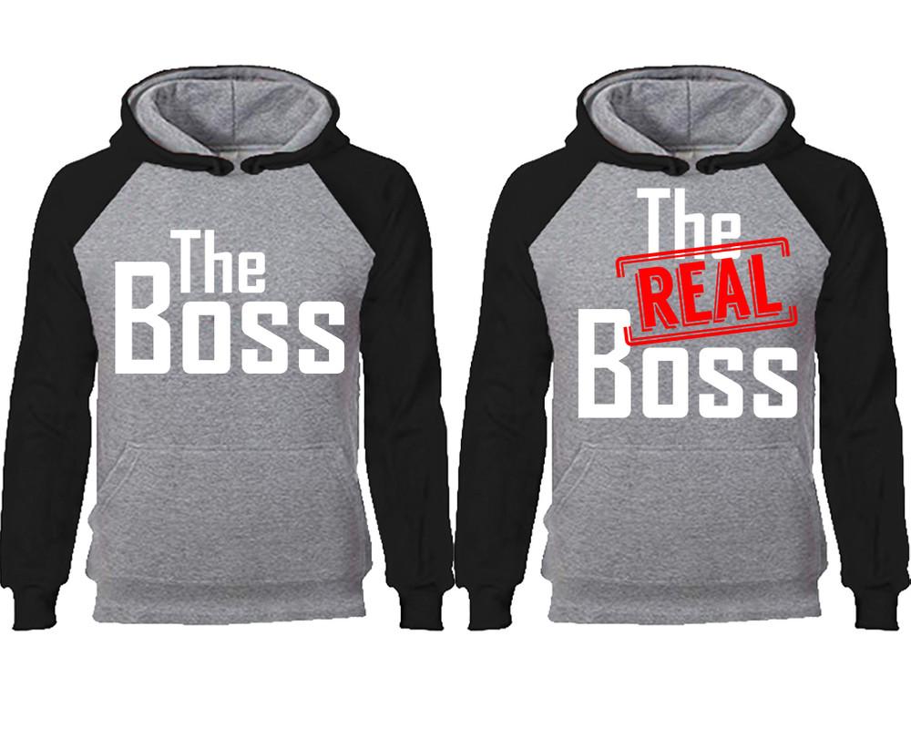 The Boss The Real Boss couple hoodies, raglan hoodie. Black Grey hoodie mens, Black Grey red hoodie womens.