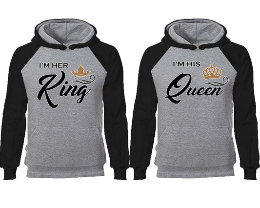 King Queen couple hoodies, raglan hoodie. Black Grey hoodie mens, Black Grey red hoodie womens.