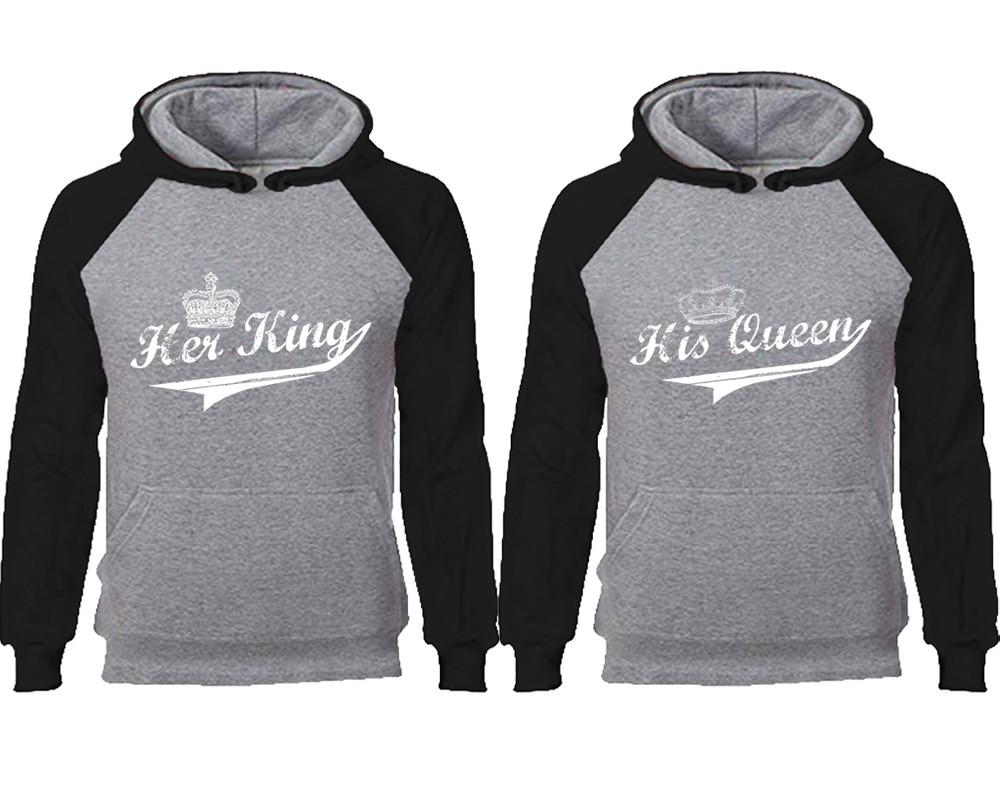 Her King His Queen couple hoodies, raglan hoodie. Black Grey hoodie mens, Black Grey red hoodie womens.