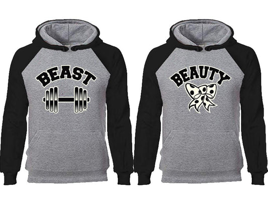 Beast Beauty couple hoodies, raglan hoodie. Black Grey hoodie mens, Black Grey red hoodie womens.