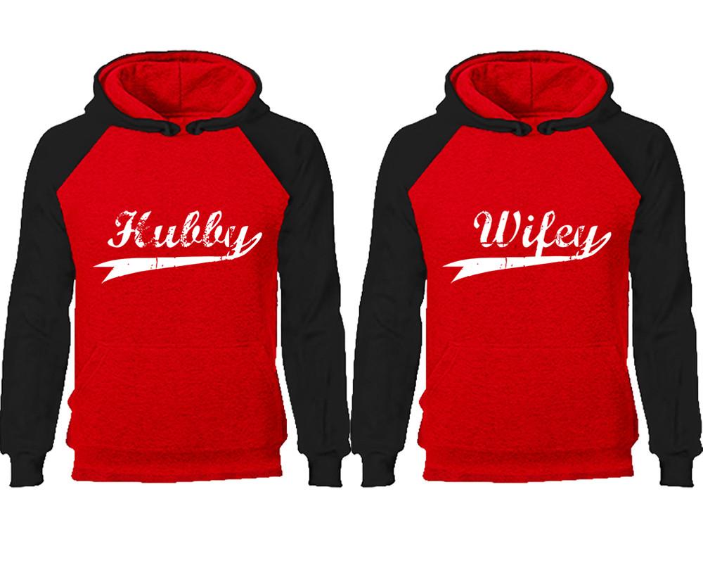 Hubby Wifey couple hoodies, raglan hoodie. Black Red hoodie mens, Black Red red hoodie womens.