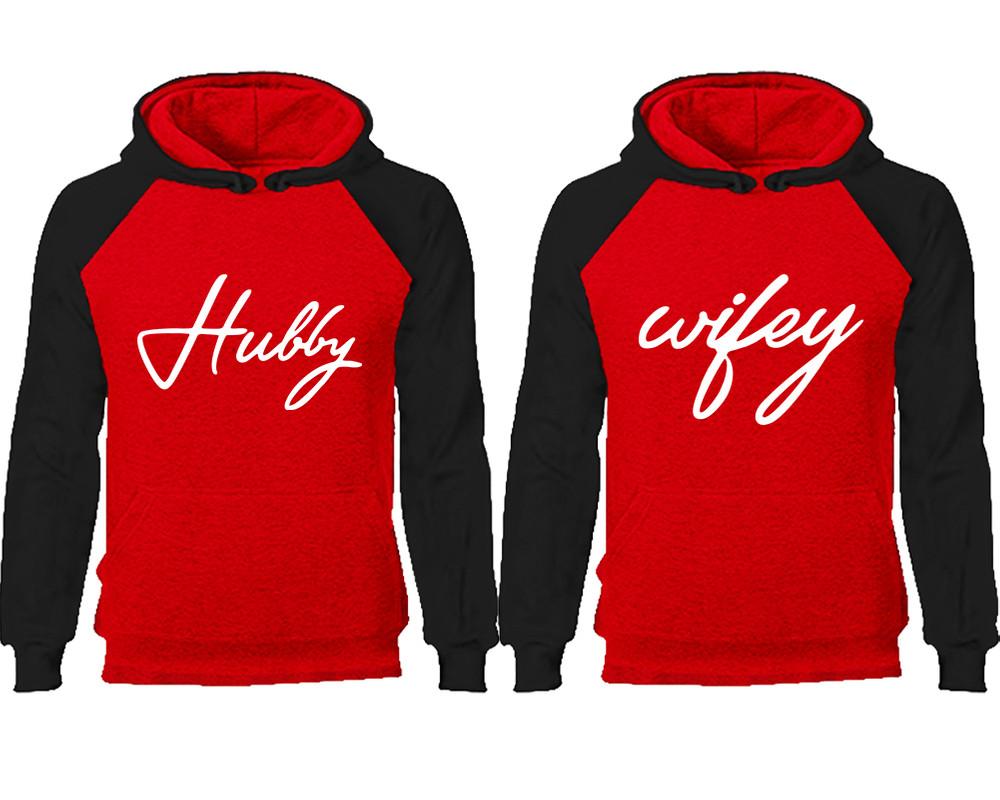 Hubby Wifey couple hoodies, raglan hoodie. Black Red hoodie mens, Black Red red hoodie womens.