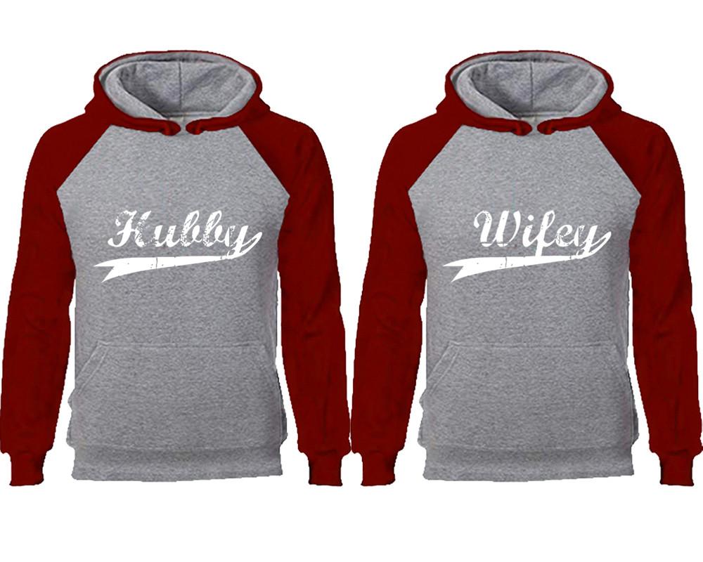 Hubby Wifey couple hoodies, raglan hoodie. Burgundy Grey hoodie mens, Burgundy Grey red hoodie womens.