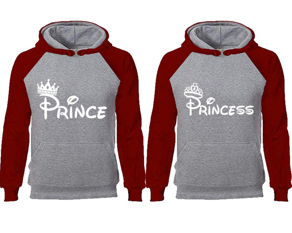 Prince Princess couple hoodies, raglan hoodie. Burgundy Grey hoodie mens, Burgundy Grey red hoodie womens.