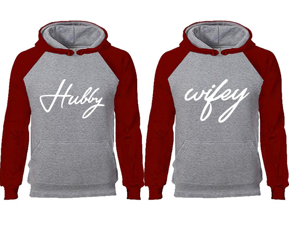 Hubby Wifey couple hoodies, raglan hoodie. Burgundy Grey hoodie mens, Burgundy Grey red hoodie womens.