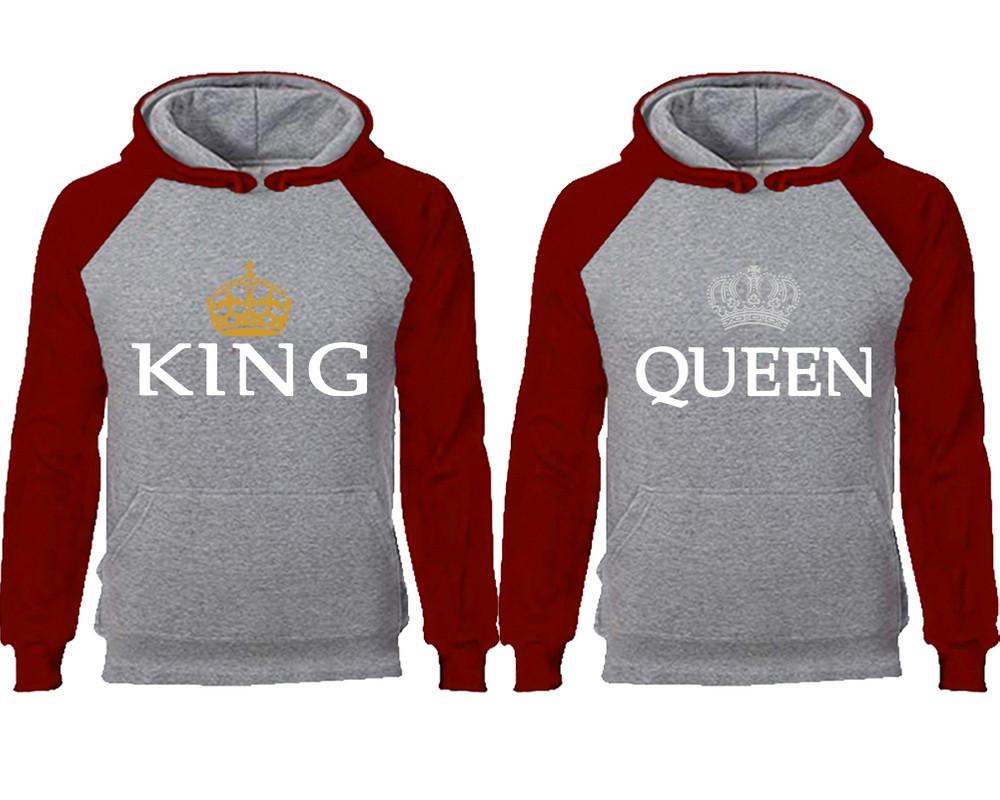 King Queen couple hoodies, raglan hoodie. Burgundy Grey hoodie mens, Burgundy Grey red hoodie womens.