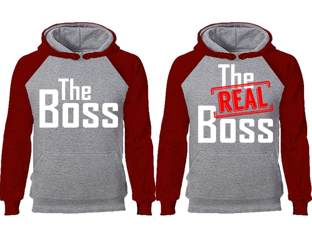 The Boss The Real Boss couple hoodies, raglan hoodie. Burgundy Grey hoodie mens, Burgundy Grey red hoodie womens.