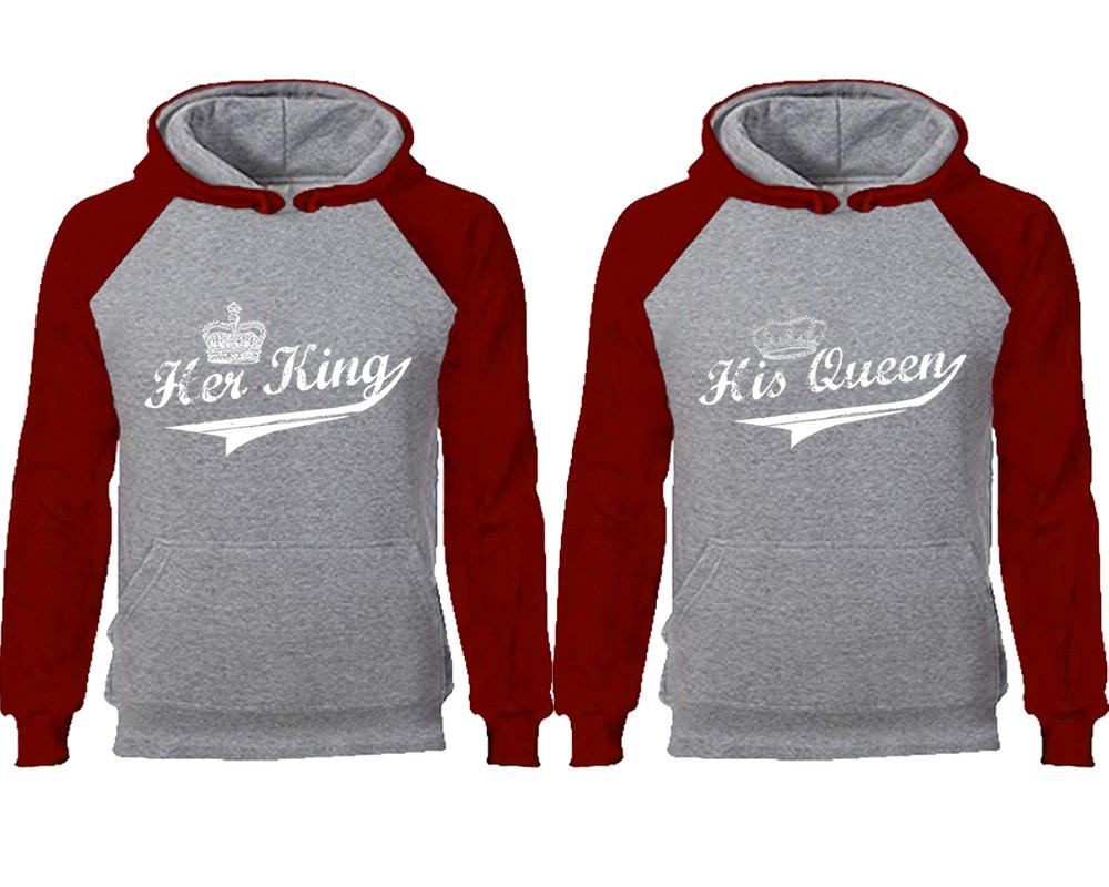 Her King His Queen couple hoodies, raglan hoodie. Burgundy Grey hoodie mens, Burgundy Grey red hoodie womens.