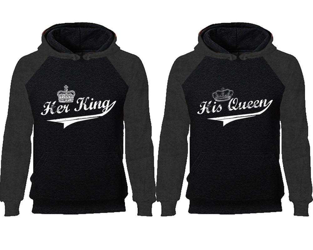 Her King His Queen couple hoodies, raglan hoodie. Charcoal Black hoodie mens, Charcoal Black red hoodie womens.