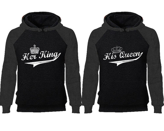Her King His Queen couple hoodies, raglan hoodie. Charcoal Black hoodie mens, Charcoal Black red hoodie womens.
