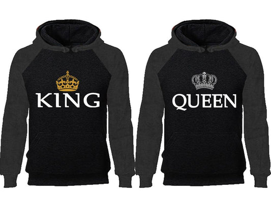 King Queen couple hoodies, raglan hoodie. Charcoal Black hoodie mens, Charcoal Black red hoodie womens.
