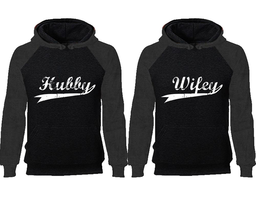 Hubby Wifey couple hoodies, raglan hoodie. Charcoal Black hoodie mens, Charcoal Black red hoodie womens.