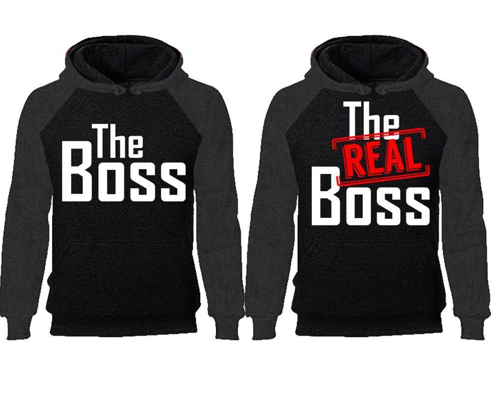 The Boss The Real Boss couple hoodies, raglan hoodie. Charcoal Black hoodie mens, Charcoal Black red hoodie womens.